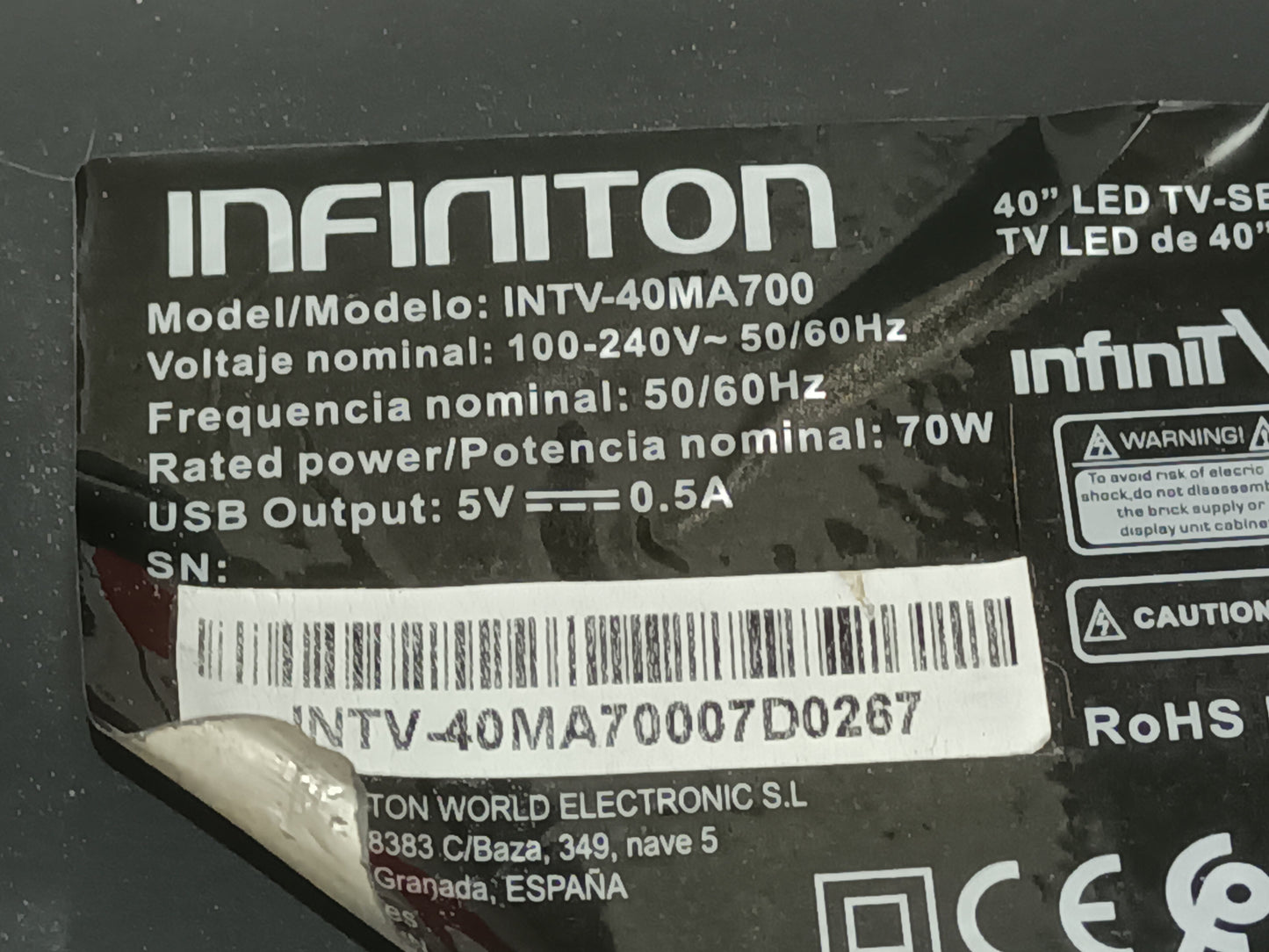 INFINITON INTV-40MA700, KIT TIRAS LED (ref.201)