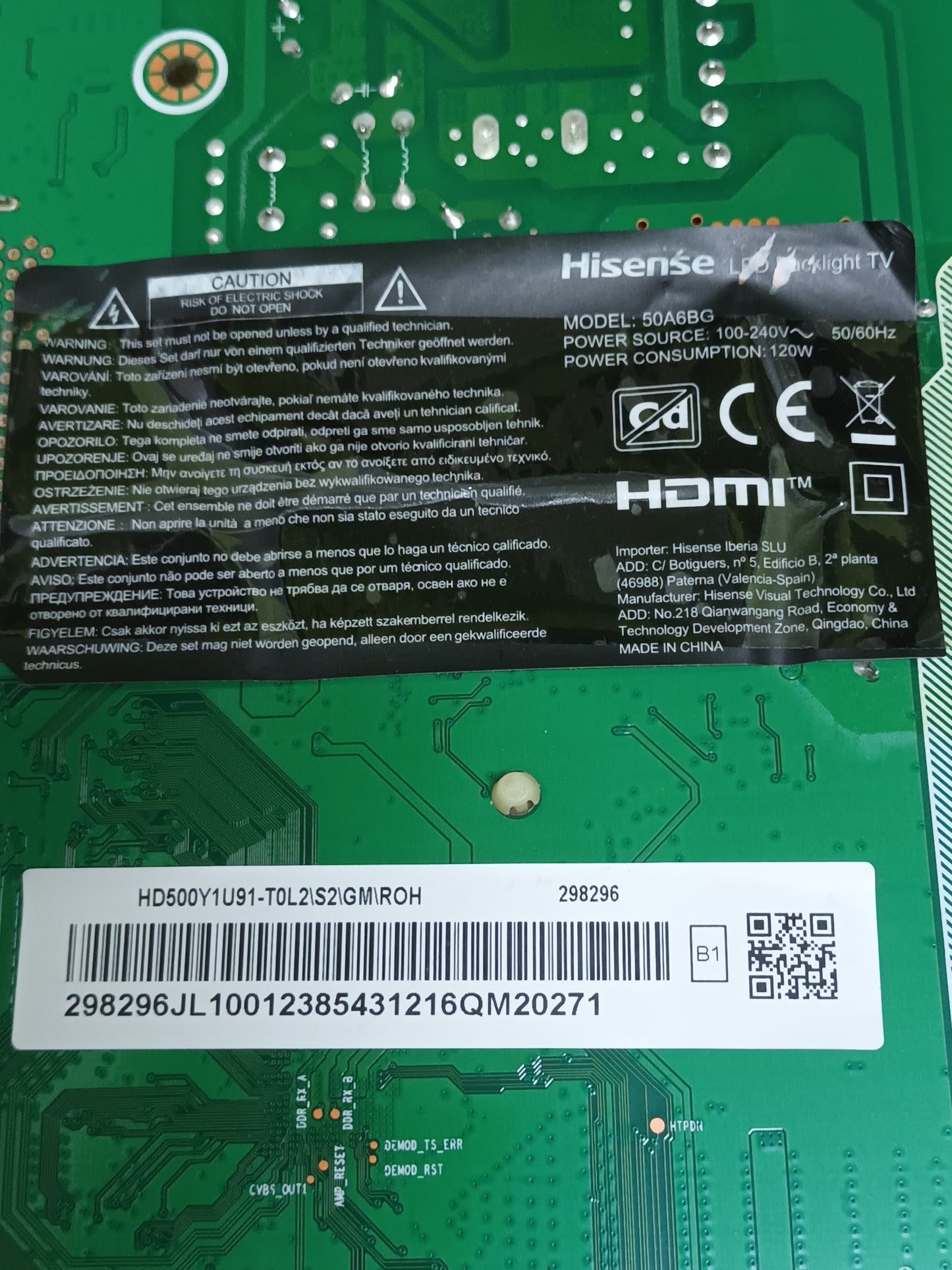 PLACA MAIN, RSAG7.820.11742/R0H de tv HISENSE 50A6BG,
