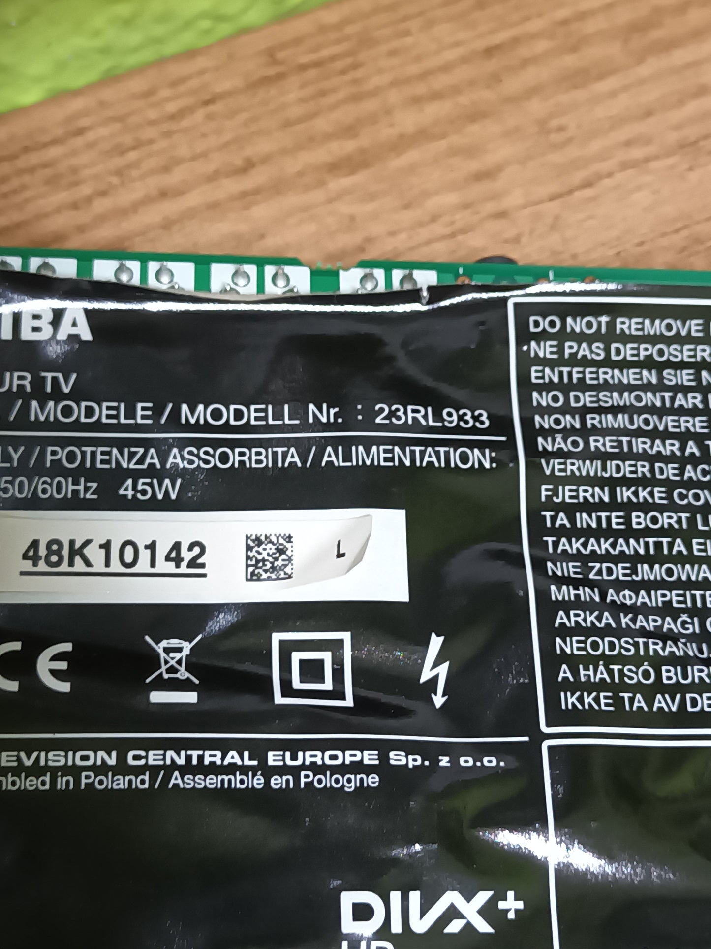 V71A00026100, de tv TOSHIBA 23RL933,