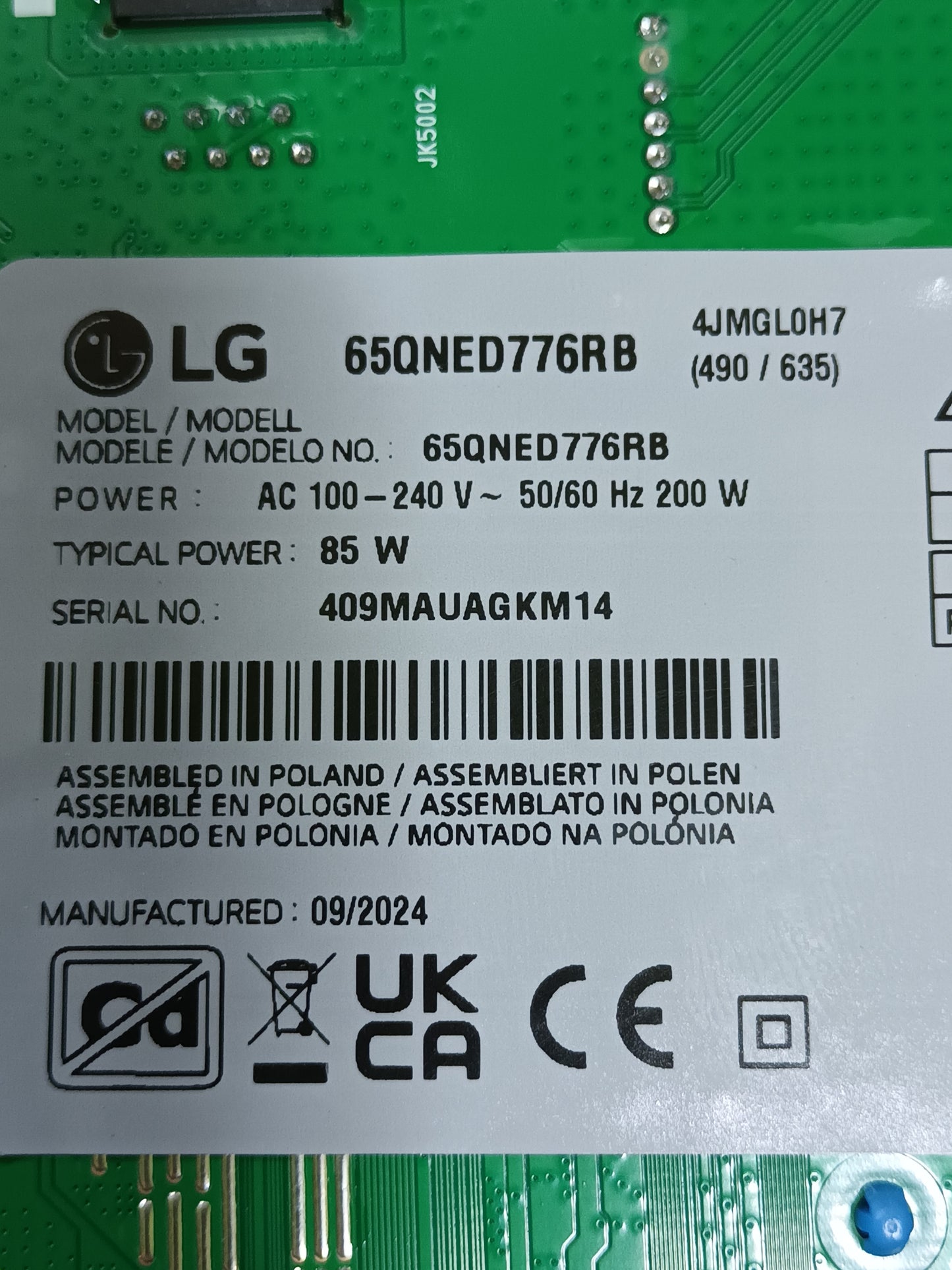 EAX69508202(1.0), NUEVA SIN USAR, de tv LG65QNED776RB,