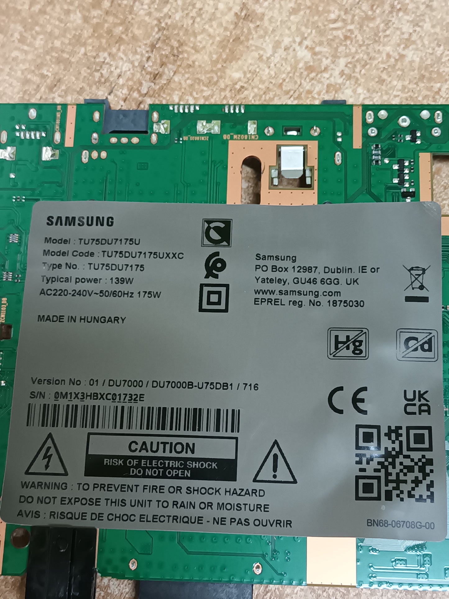 Placa main, BN96-58678Y, de tv SAMSUNG TU75DU7175U, NUEVA SIN USAR