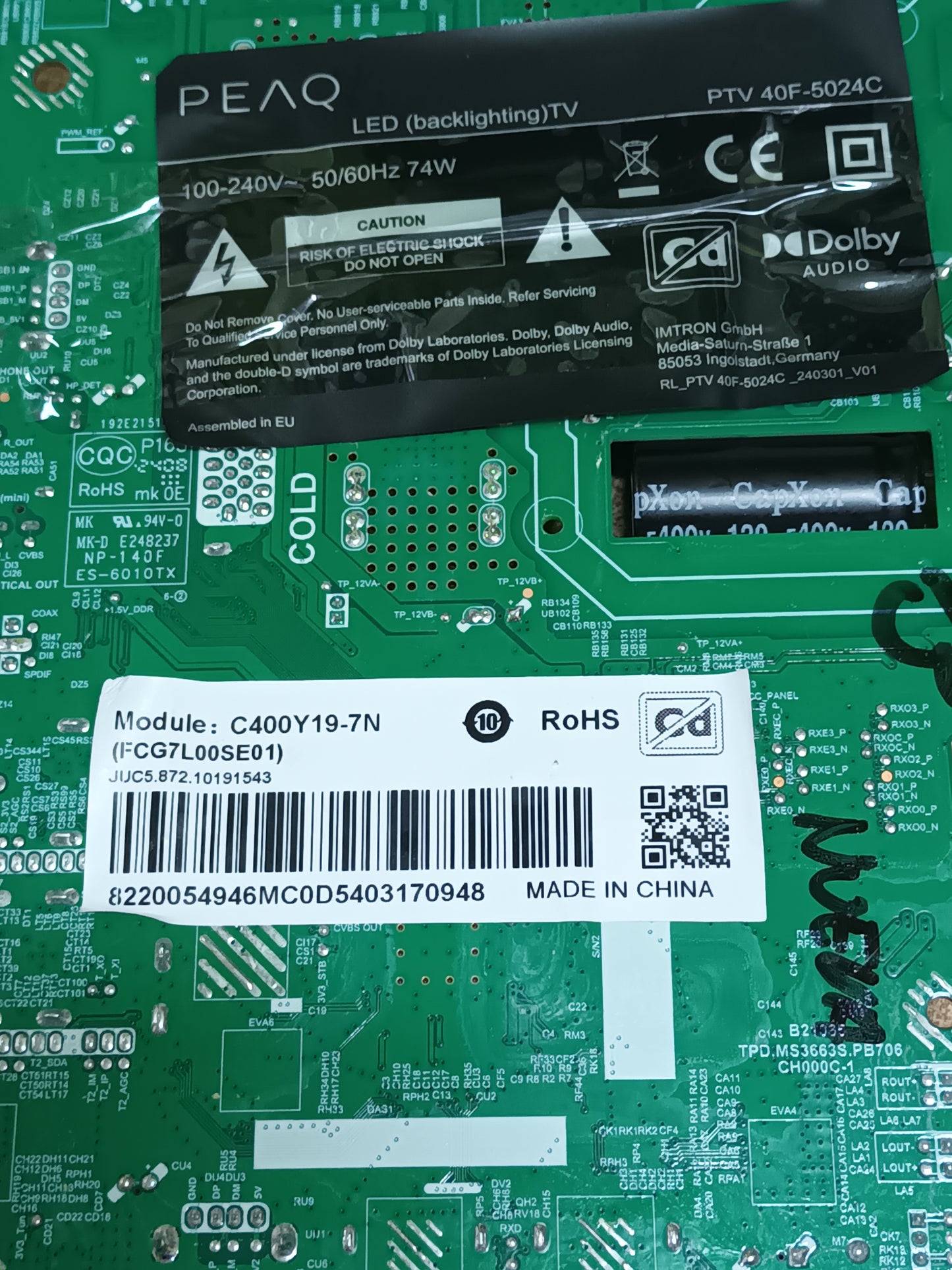 Placa main, JUC7.820-00293036, de tv PEAQ PTV 40F-5024V,&nbsp; NUEVA SIN USAR,