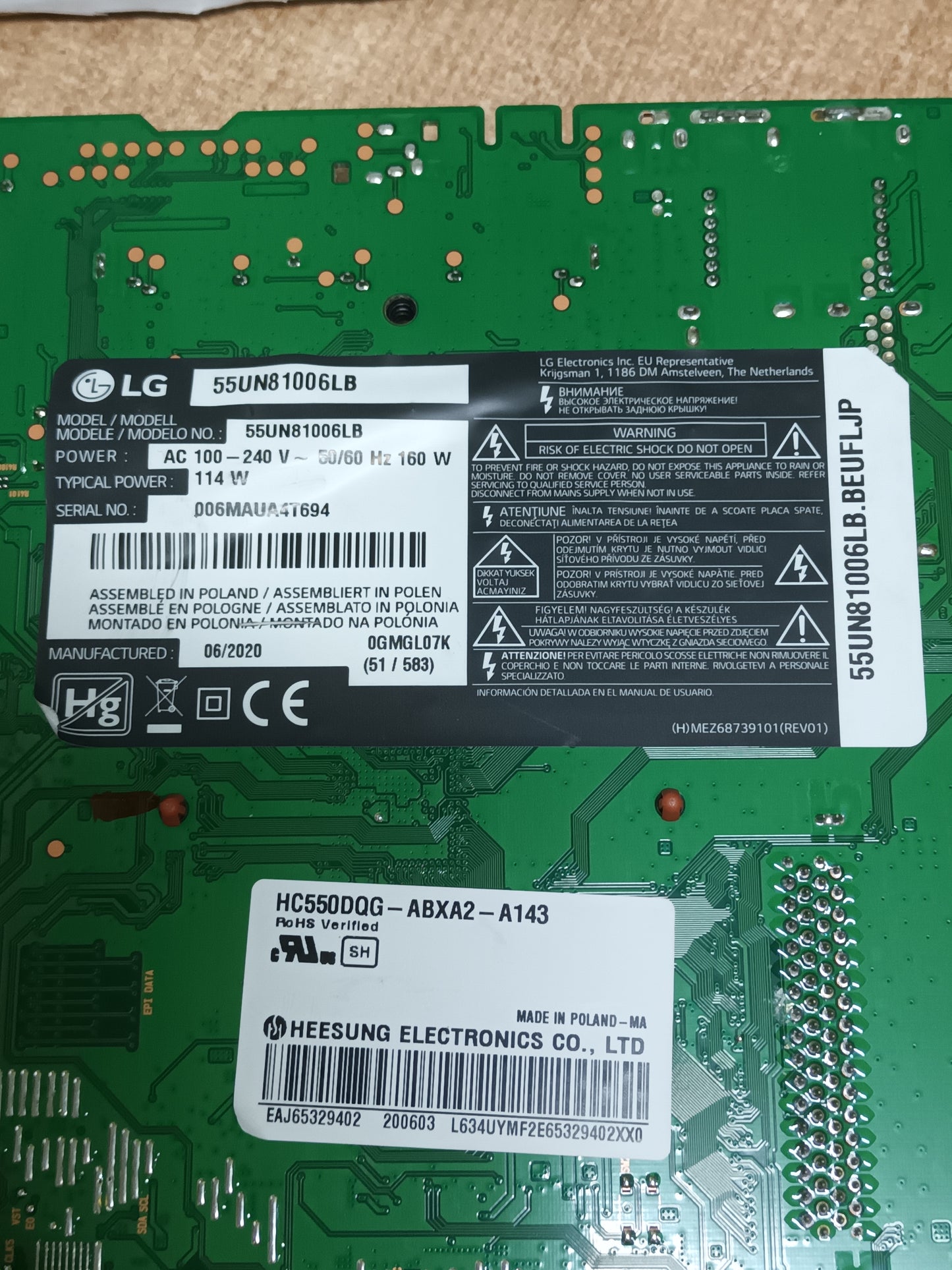 PLACA MAIN, EAX69083603(1.0), EBT66466703, NUEVA SIN USAR de tv LG55UN81006LB,