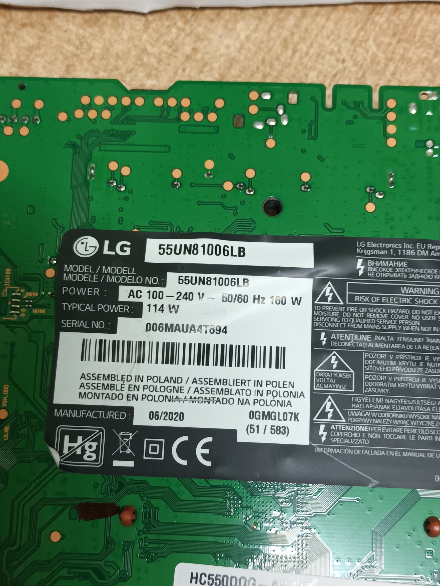 PLACA MAIN, EAX69083603(1.0), EBT66466703, NUEVA SIN USAR de tv LG55UN81006LB,