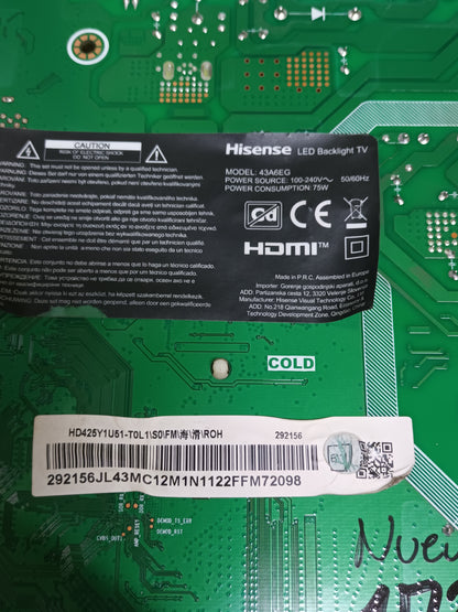 Placa main, RSAG7.820.11529/R0H, de tv HISENSE 43A6EG, NUEVA SIN USAR
