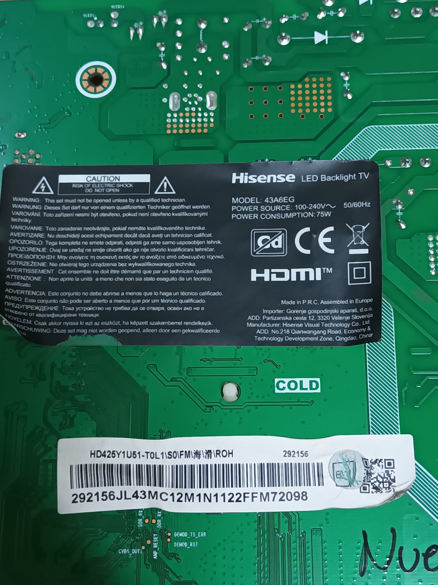 RSAG7.820.11133/R0H, desmontada de televisión HISENSE 43A6EG, NUEVA,