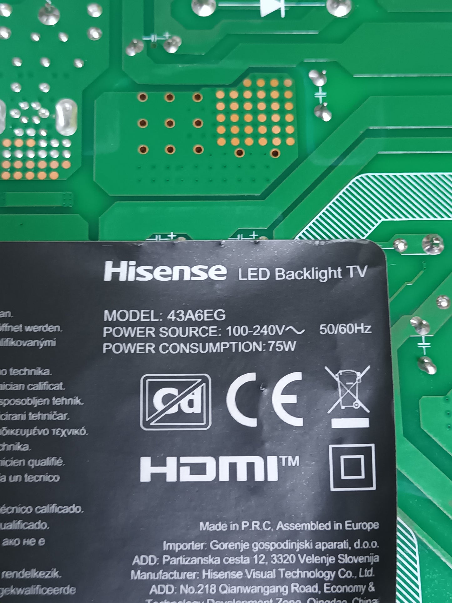 RSAG7.820.11133/R0H, desmontada de televisión HISENSE 43A6EG, NUEVA,