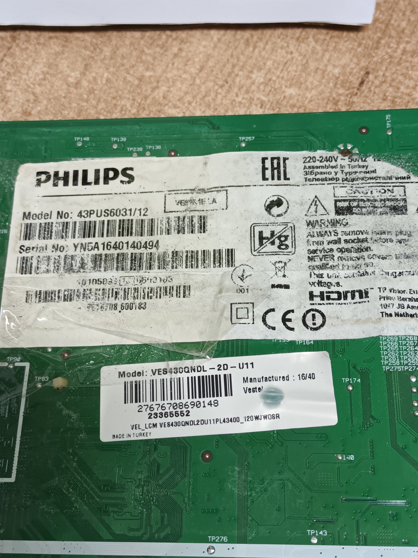 17MB120, DE TV PHILIPS 43 PUS6031/12, (ref-485)