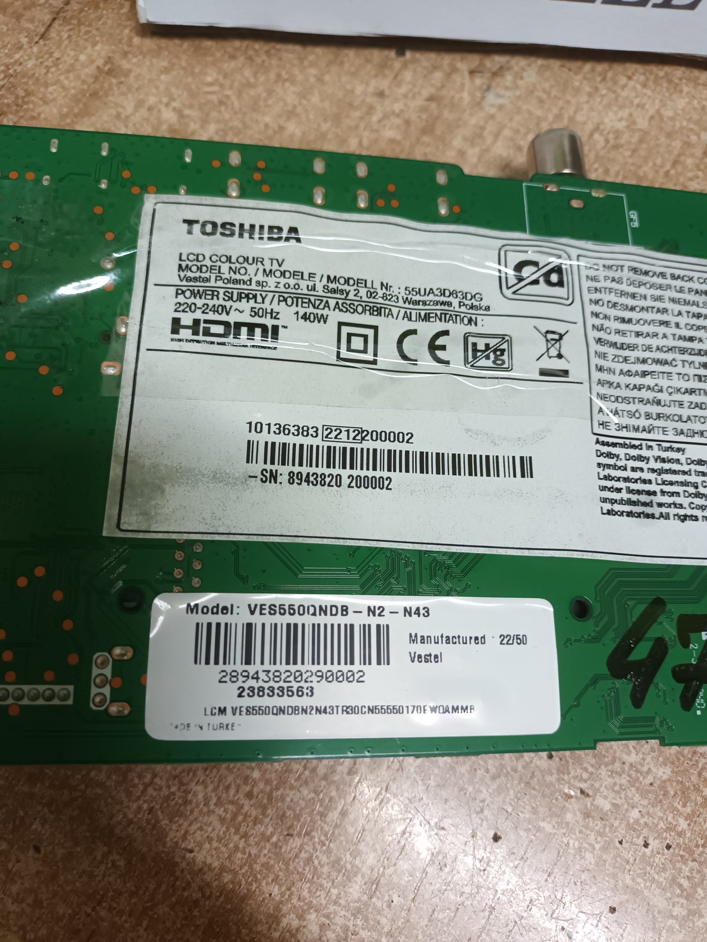 HB550QUBF70, t-com de TV TOSHIBA 55UA3D63DG
