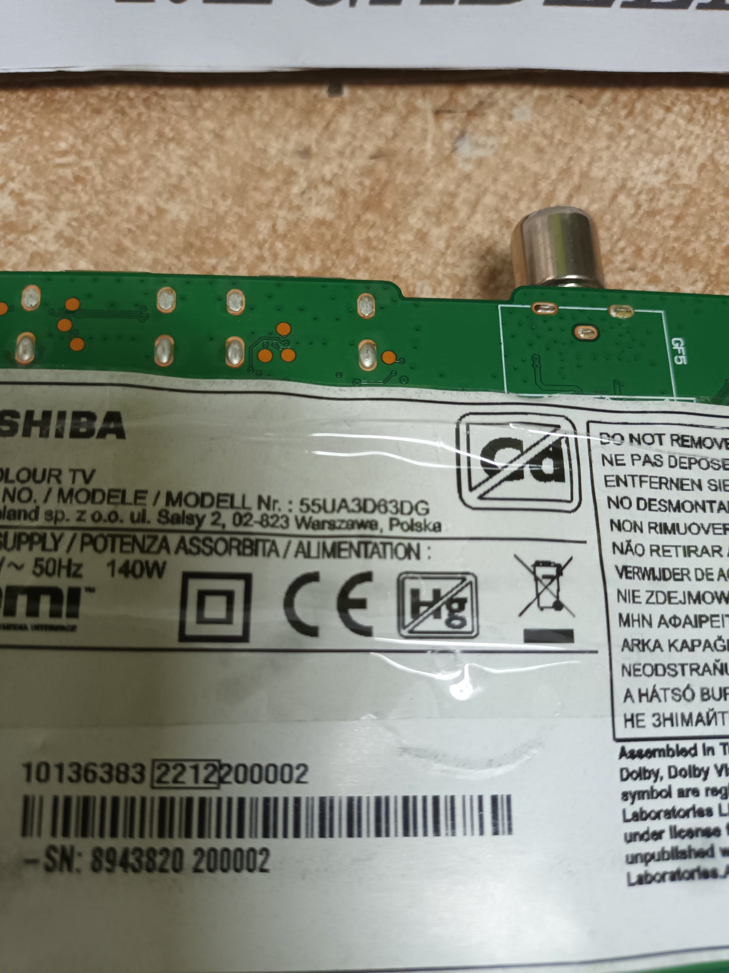 HB550QUBF70, t-com de TV TOSHIBA 55UA3D63DG