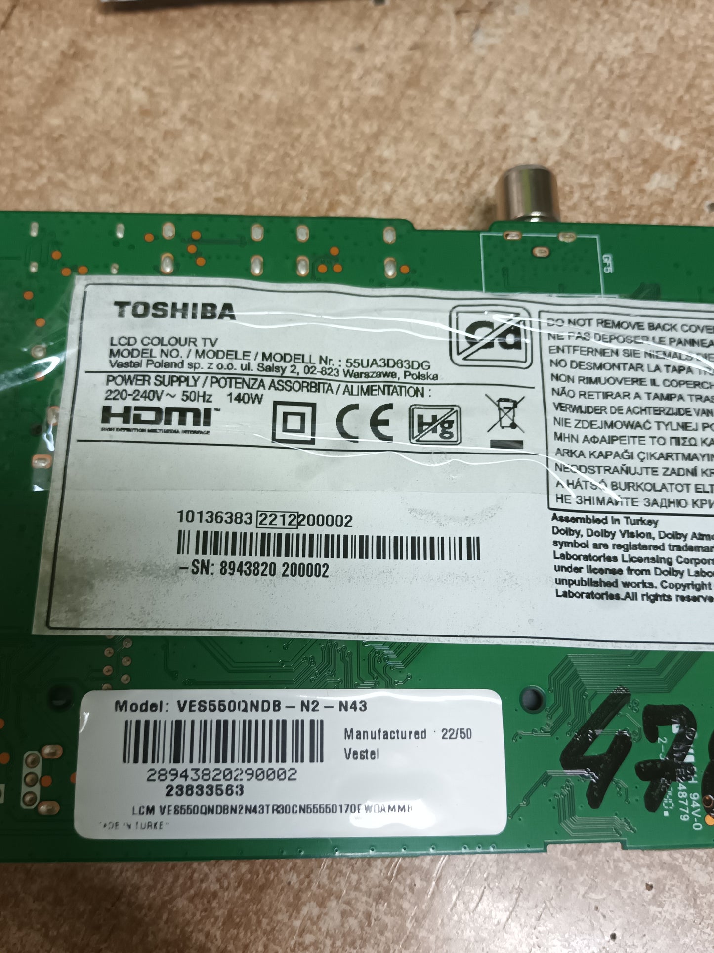 17MB185, 180721R2A, MAIN DE TV TOSHIBA 55UA3D63DG