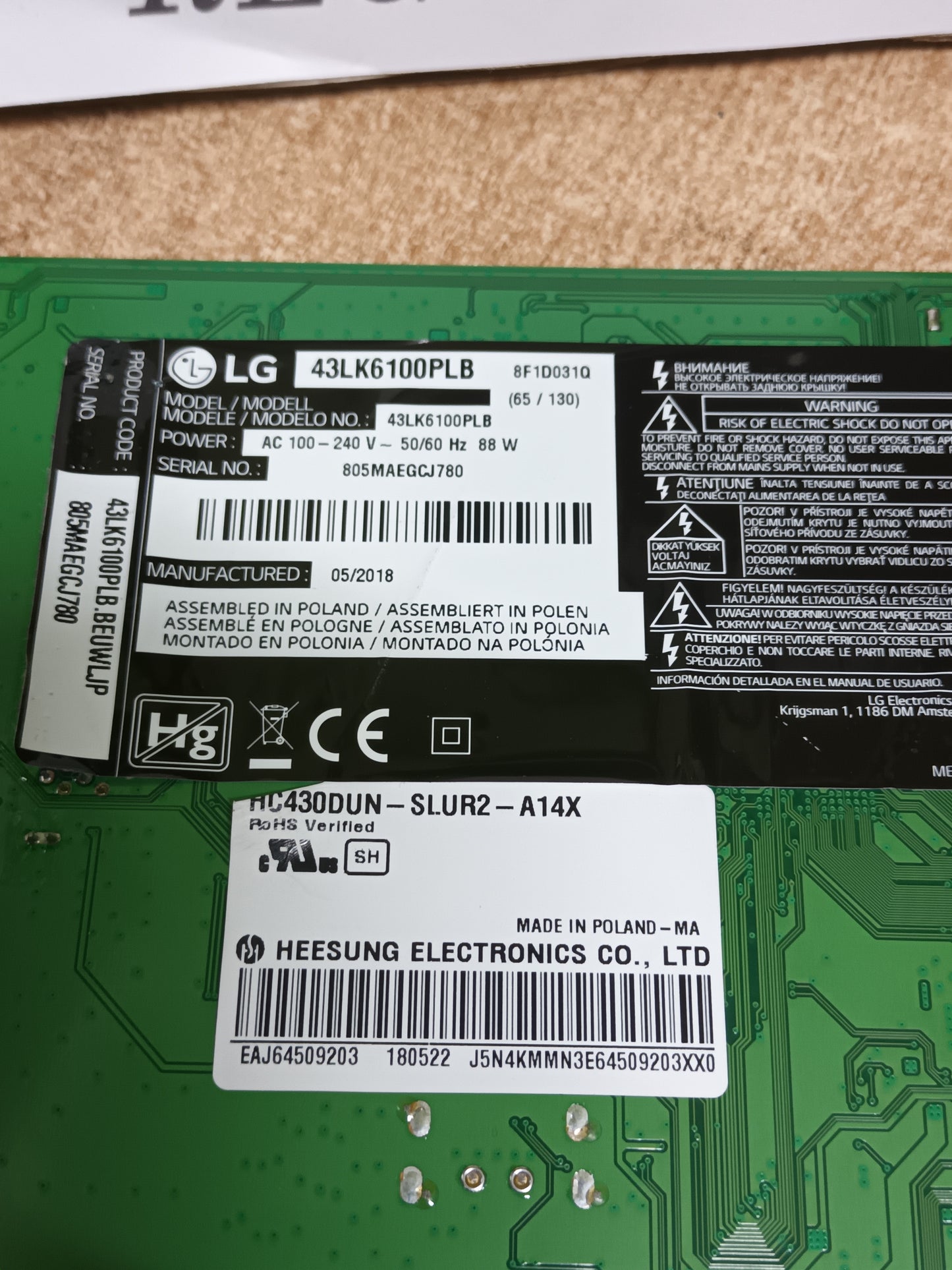 EAX67703503(1.1), de LG43LK6100PLB