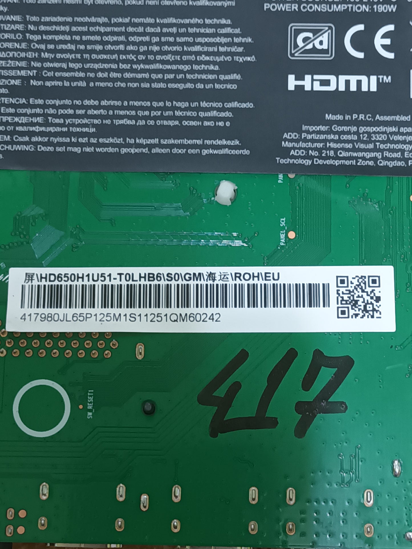 placa t-com, RSAG7.820.13027/R0H, desmontada de TV HISENSE 65379N