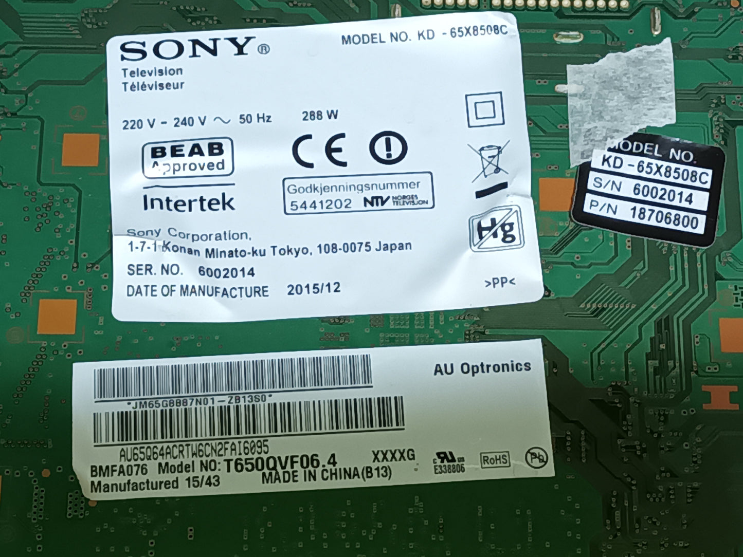 T650QVN04.0 CTRL BD - 65T39-C00, de SONY KD-65X8508C