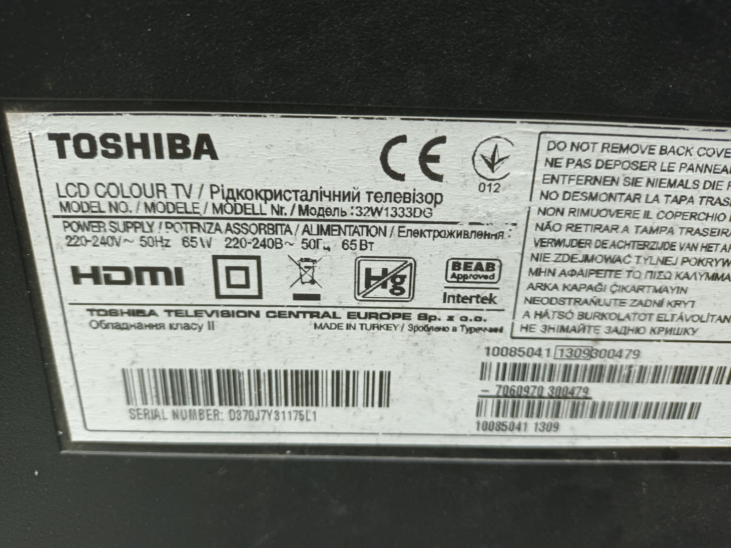 17IPS11, 300413-R4 de TOSHIBA 32W1333DG