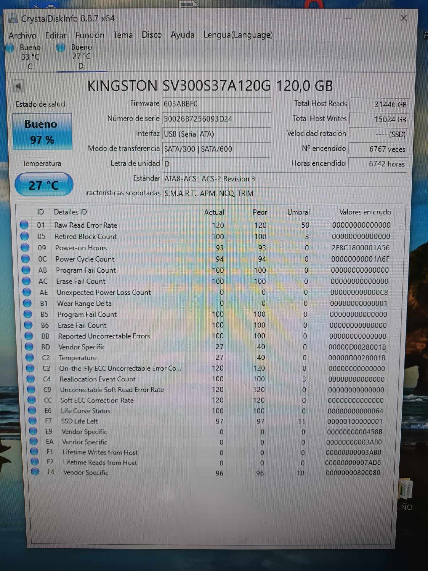 Disco SSD de 120GB 2.5, con informe