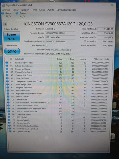 Disco SSD de 120GB 2.5, con informe